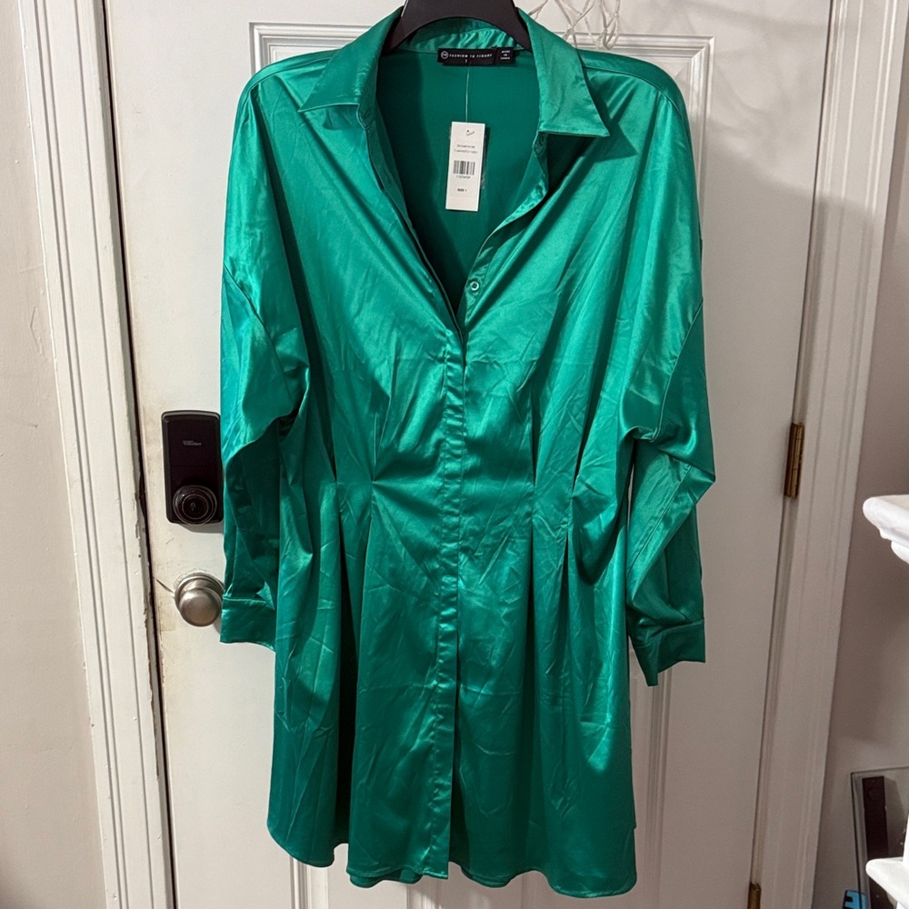 Fashion to Figure Green Satin Button Down Shirt Dress